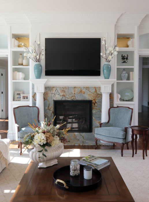 Rhonda Staley IIDA Iowa City New Classic living room fireplace tv