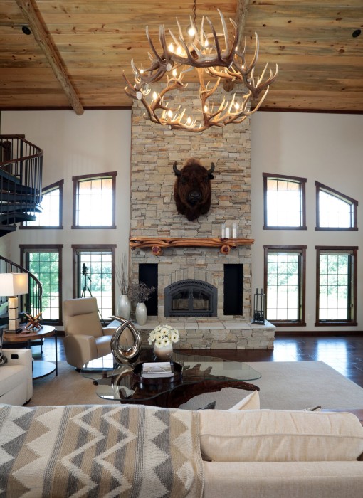 Rhonda Staley IIDA Iowa City Rustic Lodge Home living room fireplace