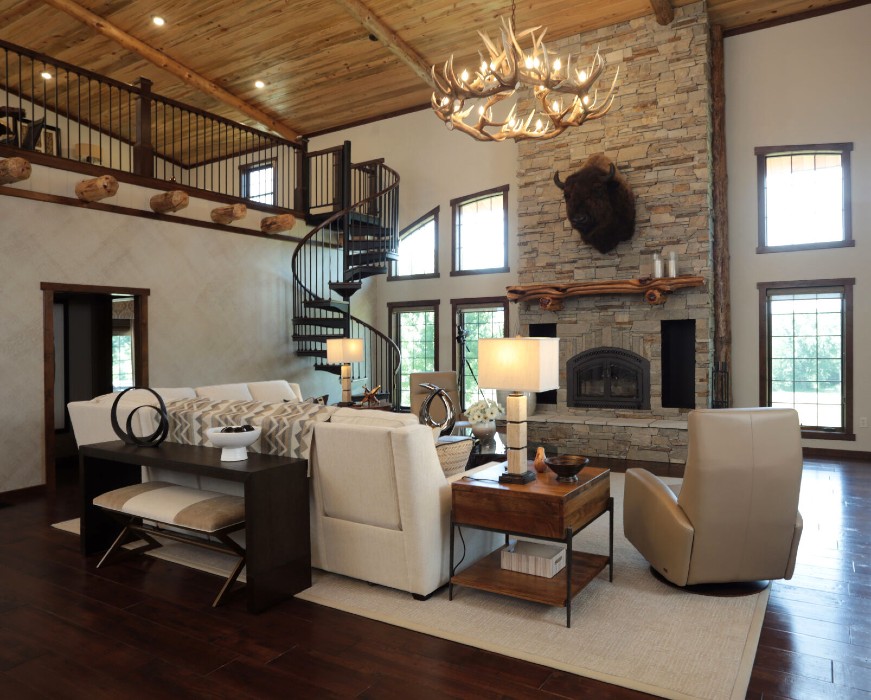 Rhonda Staley IIDA Iowa City Rustic Lodge Home living room