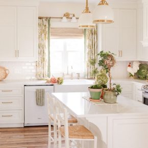 My farmhouse kitchen with two pendants and coordinating wall lamp