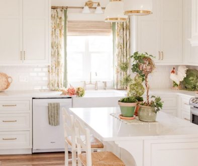 My farmhouse kitchen with two pendants and coordinating wall lamp